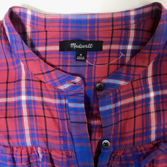 NWOT MADEWELL Plaid Shirred Button Down Top Berry - Picture 6 of 6